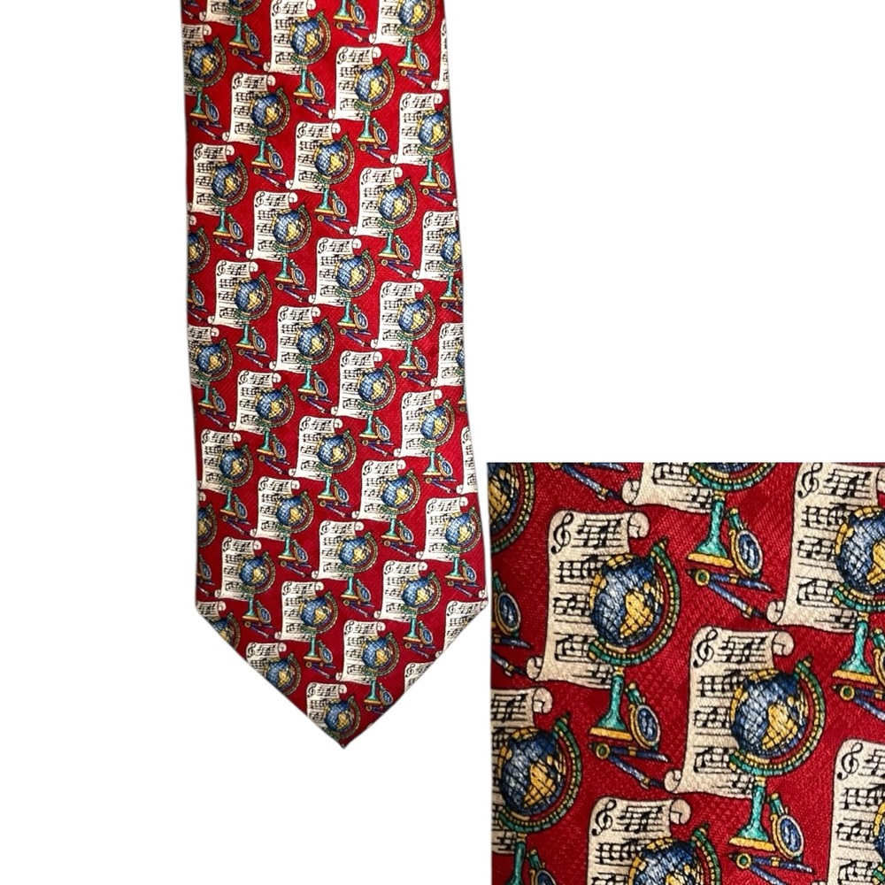 The Metropolitan Museum of Art Sheet Music World Globe Print Silk Red Neck Tie
